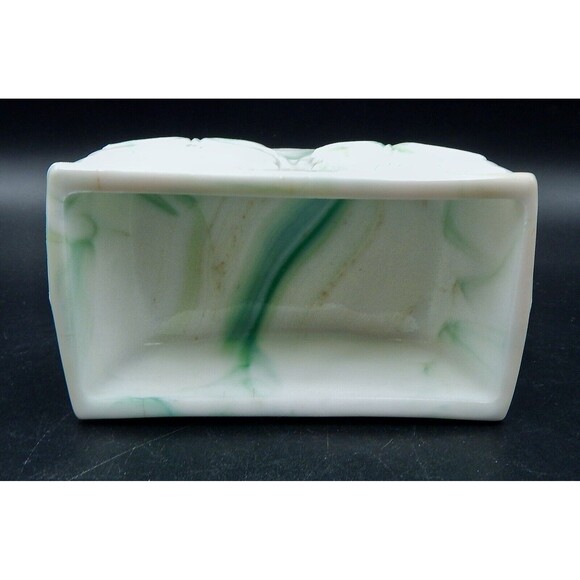 Akro Agate Slag Glass Planter Daffodils White Marbleized Green Teal Swirl Dish - Picture 6 of 8